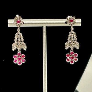 14K White Gold Ruby Diamond Dangle Earrings 6.8 Grams 1 3/8”